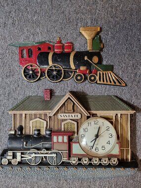 Vintage Cast Iron Train Steam Engine and Santa Fe Wall Clock Railroad Locomotive